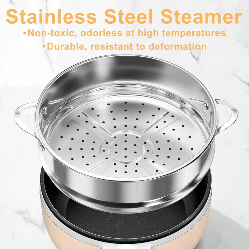 DEZIN Hot Pot Electric with Steamer Upgraded, Non-Stick Sauté Pan, Rapid Noodles Electric Pot, 1.5L Mini Pot for Steak, Egg, Fried Rice, Ramen, Oatmeal, Soup with Power Adjustment - Image 3